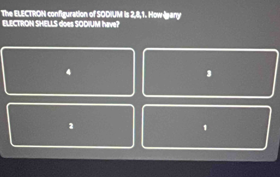 The ELECTRON configuration of SODIUM is 2, 8, 1. How any
ELECTRON SHELLS does SODIUM have?
3
2^(□)□  □^((□)°)(□)°