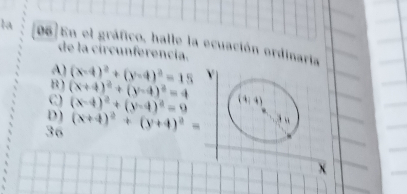 la 06 En el gráfico, halle la ecuación ordinaria
de la círcunferencia.
A)
B) (x-4)^2+(y-4)^2=15
C) (x+4)^2+(y-4)^2=4
D) (x-4)^2+(y-4)^2=9
(4,4)
36 (x+4)^2+(y+4)^2=