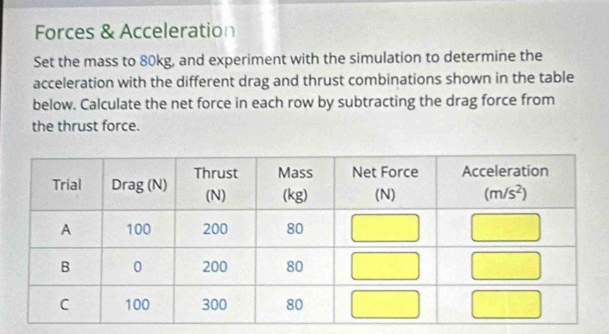 Forces & Acceleration
Set the mass to 80kg, and experiment with the simulation to determine the
acceleration with the different drag and thrust combinations shown in the table
below. Calculate the net force in each row by subtracting the drag force from
the thrust force.