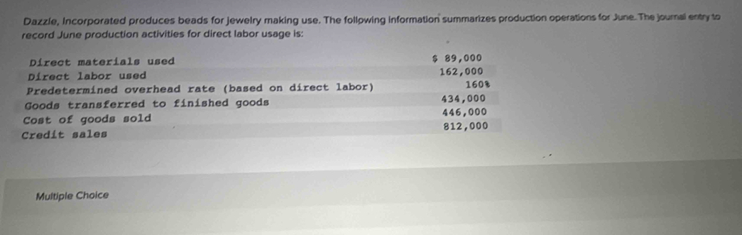 Dazzle, Incorporated produces beads for jewelry making use. The following information summarizes production operations for June. The journal entry to 
record June production activities for direct labor usage is: 
Direct materials used $ 89,000
Direct labor used 162,000
Predetermined overhead rate (based on direct labor) 160%
Goods transferred to finished goods 434,000
446,000
Cost of goods sold 812,000
Credit sales 
Multiple Choice