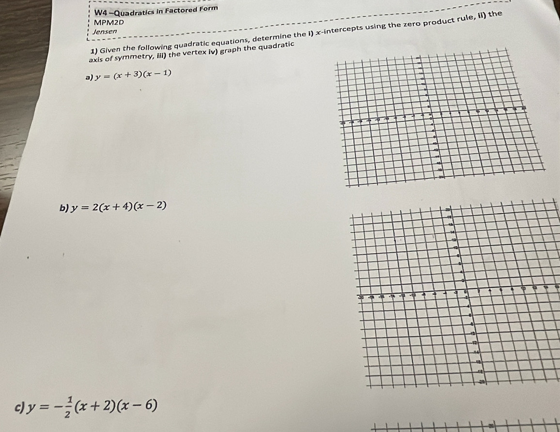 W4 -Quadratics in Factored Form
MPM2D
Jensen
1) Given the following quadratic equations, determine the i) x-intercepts using the zero product rule, ii) the
axis of symmetry, iiI) the vertex iv) graph the quadratic
a) y=(x+3)(x-1)
b) y=2(x+4)(x-2)

c) y=- 1/2 (x+2)(x-6)