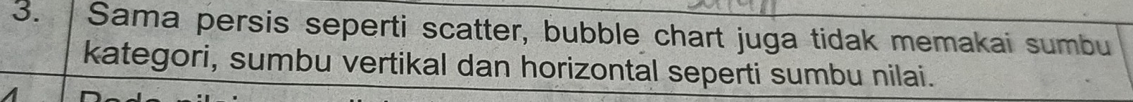 Sama persis seperti scatter, bubble chart juga tidak memakai sumbu 
kategori, sumbu vertikal dan horizontal seperti sumbu nilai.