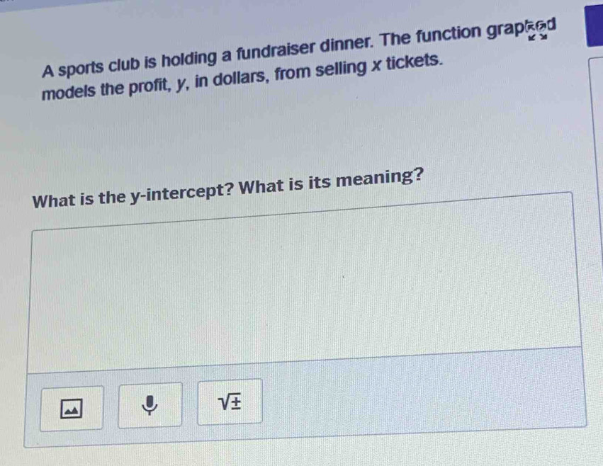 A sports club is holding a fundraiser dinner. The function graphed 
models the profit, y, in dollars, from selling x tickets. 
What is the y-intercept? What is its meaning?
sqrt(± )