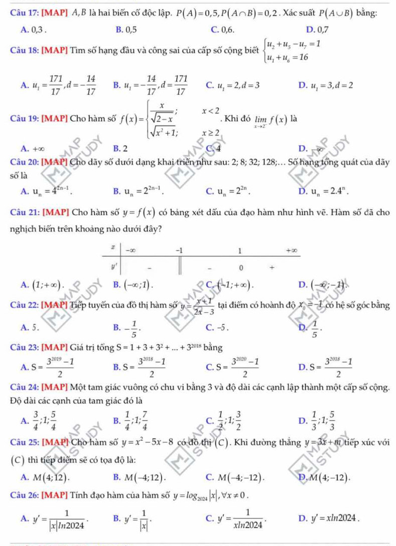 [MAP] A,B là hai biến cố độc lập. P(A)=0,5,P(A∩ B)=0,2. Xác suất P(A∪ B) bằng:
A. 0,3 . B. 0,5 C. 0,6. D. 0,7
Câu 18: [MAP] Tìm số hạng đầu và công sai của cấp số cộng biết beginarrayl u_2+u_5-u_7=1 u_1+u_6=16endarray.
A. u_1= 171/17 ,d=- 14/17  B. u_1=- 14/17 ,d= 171/17  C. u_1=2,d=3 D. u_1=3,d=2
Câu 19: [MAP] Cho hàm số f(x)=beginarrayl  x/sqrt(2-x) ; sqrt(x^2+1);endarray. x<2</tex> . Khi đó limlimits _xto 2^-f(x) là
x≥ 2
A. +∈fty B. 2 D.
Câu 20: [MAP] Cho dãy số dưới dạng khai triển như sau: 2; 8; 32; 128;.. Số hạng tổng quát của dãy
số là
A. u_n=4^(2n-1). B. u_n=2^(2n-1). C. u_n=2^(2n). D. u_n=2.4^n.
Câu 21: [MAP] Cho hàm số y=f(x) có bảng xét dấu của đạo hàm như hình vẽ. Hàm số đã cho
nghịch biến trên khoảng nào dưới đây?
A. (1;+∈fty ). B. (-∈fty ;1). C. (-1;+∈fty ). D. (-∈fty ;-1)
Câu 22: [MAP] Tiếp tuyến của đồ thị hàm Swidehat O y= (x+1)/2x-3  tại điểm có hoành độ x_0=-1 có hệ số góc bằng
B. - 1/5 ·
A. 5 . C. -5 . D.  1/5 ·
Câu 23: [MAP] Giá trị tổng S=1+3+3^2+...+3^(2018) bằng
A. S= (3^(2019)-1)/2  B. S= (3^(2018)-1)/2  C. S= (3^(2020)-1)/2  D. S= (3^(2018)-1)/2 
Câu 24: [MAP] Một tam giác vuông có chu vi bằng 3 và độ dài các cạnh lập thành một cấp số cộng.
Độ dài các cạnh của tam giác đó là
A.  3/4 ;1; 5/4  B.  1/4 ;1; 7/4  C.  1/2 ;1; 3/2  D.  1/3 ;1; 5/3 
Câu 25: [MAP] Cho hàm số y=x^2-5x-8 có 1 thi (C). Khi đường thắng y=3x+m tiếp xúc với
(C) thì tiếp điểm sẽ có tọa độ là:
A. M(4;12). B. M(-4;12). C. M(-4;-12). D. M(4;-12).
Câu 26: [MAP] Tính đạo hàm của hàm số y=log _200 |x|, forall x!= 0.
A. y'= 1/|x|ln 2024 . B. y'= 1/|x| . C. y'= 1/xln 2024 . D. y'=xln 2024.