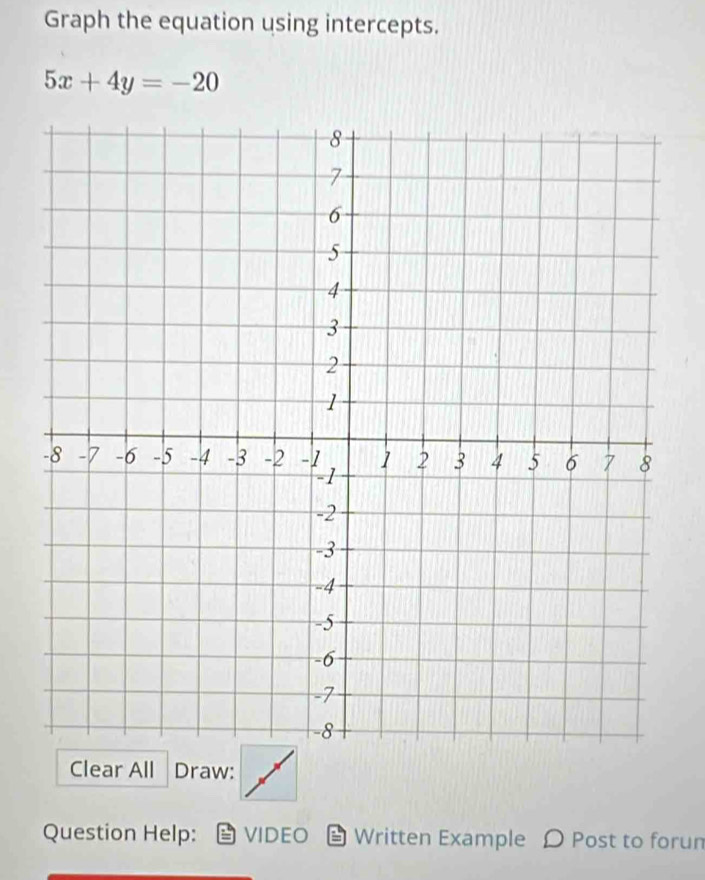 Graph the equation using intercepts.
5x+4y=-20
Clear All Draw: 
Question Help: VIDEO Written Example 〇 Post to forun