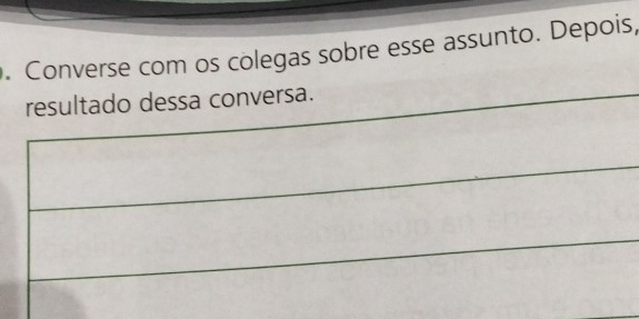 Converse com os colegas sobre esse assunto. Depois, 
resultado dessa conversa.