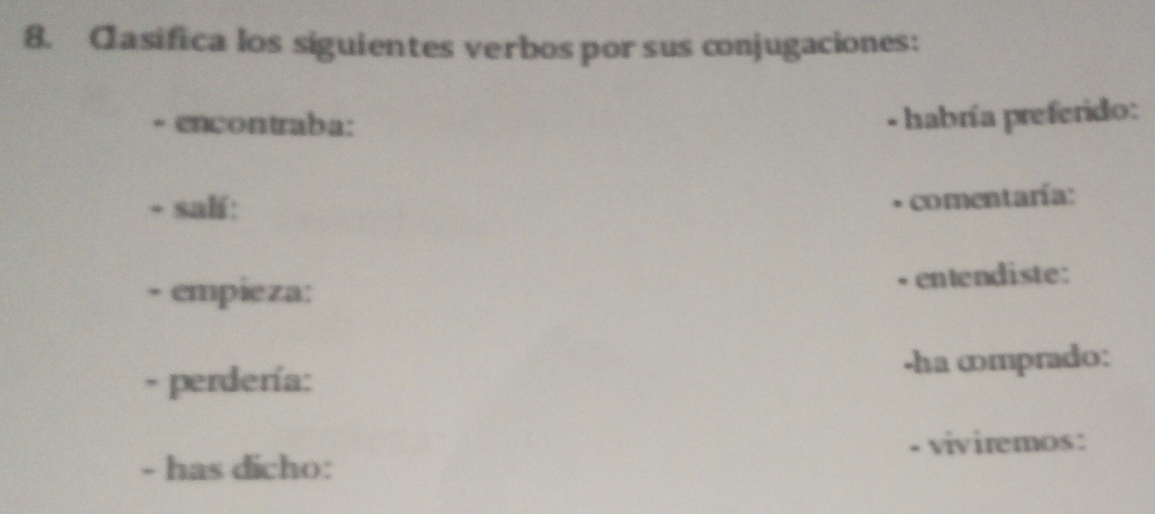 Casifica los siguientes verbos por sus conjugaciones: 
- encontraba: 
- habría preferido: 
- salí: 
comentaría: 
empieza: 
• entendiste: 
* perdería: -ha ∞mprado: 
- has dicho: - viviremos: