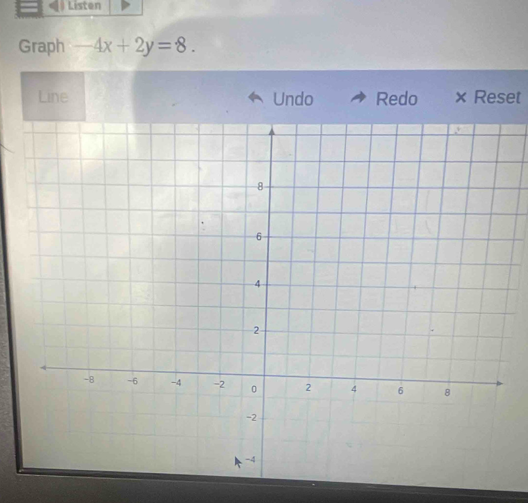 Listen 
Graph -4x+2y=8. 
Line Undo Redo€£ × Reset