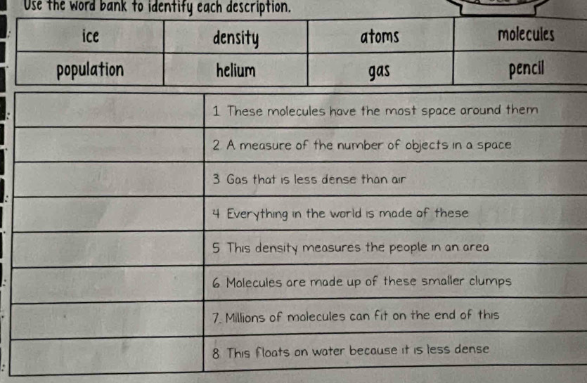 Use the word bank to identify each description.