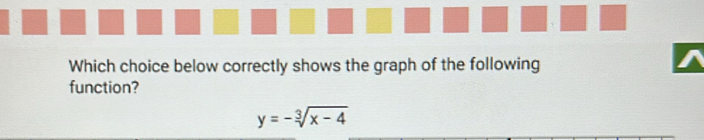 、 
Which choice below correctly shows the graph of the following 
function?
y=-sqrt[3](x-4)