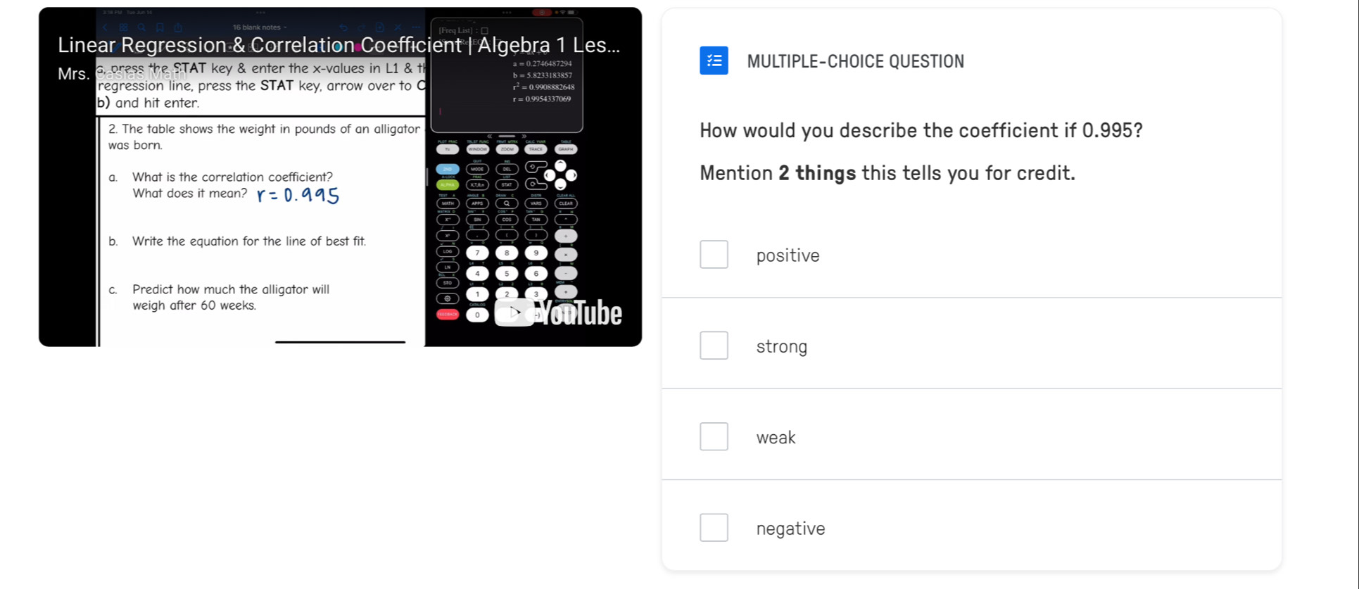 Solved: Linear Regression & Correlation Coefficient | Algebra 1 Les ...