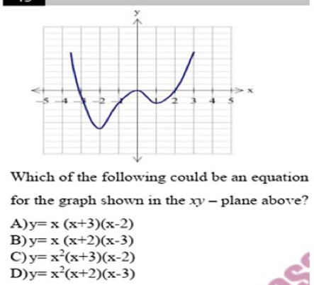 Which of the following could be an equation
for the graph shown in the xy - plane above?
A) y=x(x+3)(x-2)
B) y=x(x+2)(x-3)
C) y=x^2(x+3)(x-2)
D) y=x^2(x+2)(x-3)