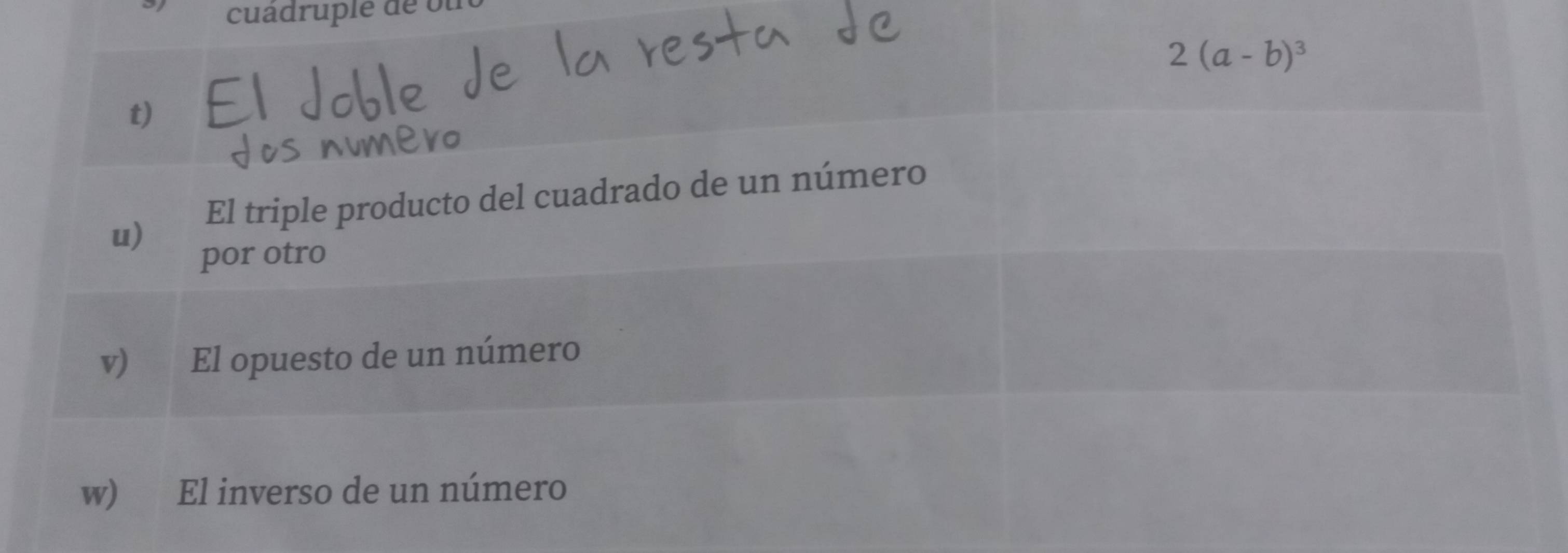 cuâdruple de ou
2(a-b)^3
t)
u) El triple producto del cuadrado de un número
por otro
v) El opuesto de un número
w) El inverso de un número