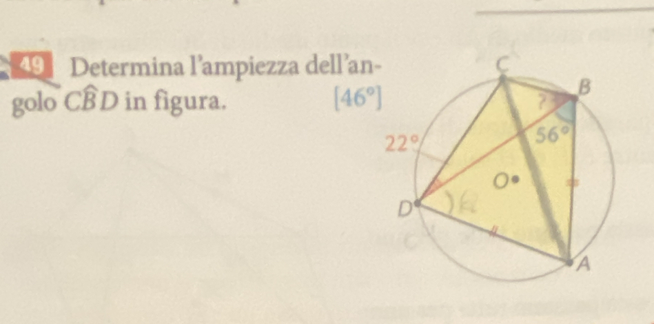 491 Determina l’ampiezza dell’an
golo Cwidehat BD in figura. [46°]