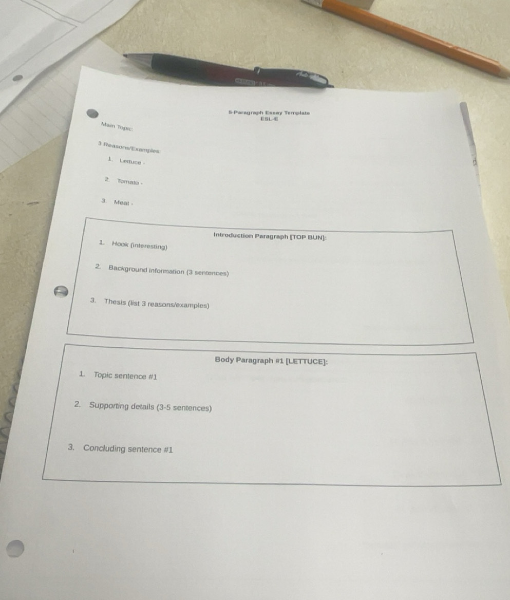 Solved: 5-Paragraph Essay Template ESL-E Main Topic 3 Reasons/Examples ...