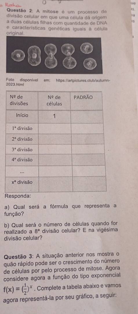 ue
Questão 2: A mitose é um processo de
divisão celular em que uma célula dá origem )a
a duas células filhas com quantidade de DNA 15
e características genéticas iguais à célula
original.
Foto disponível em: https://artpictures.club/autumn-
2023.html
R
a) Qual será a fórmula que representa a
função?
b) Qual será o número de células quando for
realizado a 8^a divisão celular? E na vigésima
divisão celular?
Questão 3: A situação anterior nos mostra o
quão rápido pode ser o crescimento do número
de células por pelo processo de mitose. Agora
considere agora a função do tipo exponencial
f(x)=( 1/2 )^x. Complete a tabela abaixo e vamos
agora representá-la por seu gráfico, a seguir: