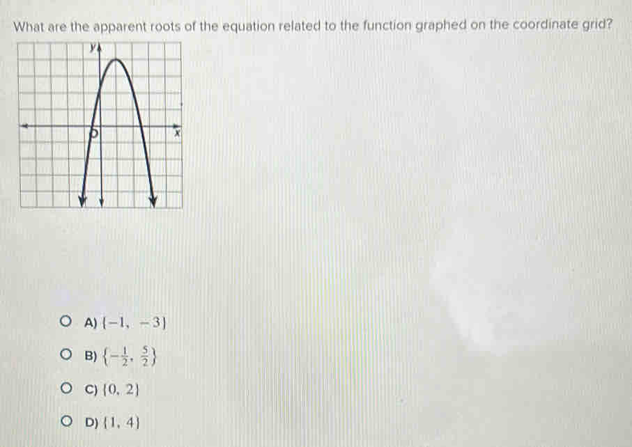 What are the apparent roots of the equation related to the function graphed on the coordinate grid?
A)  -1,-3
B)  - 1/2 , 5/2 
C) (0,2)
D)  1,4