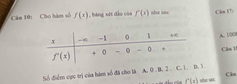 Cho hàm số f(x) , bàng xét dấu của f'(x) như sau:
Câu 17:
A. 100
Câu 18
Số điểm cực trị của hàm số đã cho là A. 0 . B. 2 . C. 1. D. 3 .
Câu
dấu của f'(x) như sau: