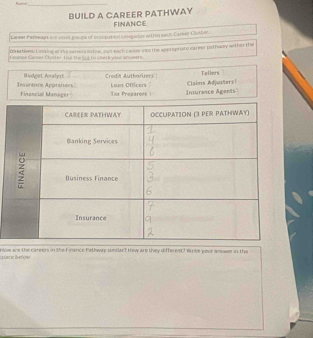Name_ 
BUILD A CAREER PATHWAY 
FINANCE 
Career Pathways are small groups of occupation categories within each Career Cluster 
Directions: Looking of the careers below, sort each career into the appropriate career pathway within the 
Finance Career Cluster. Use the link to check your answers. 
Budget Analyst Credit Authorizers Tellers 
Insurance Appraisers Loan Officers 
Claims Adjusters 
Financial Manager Tax Preparers Insurance Agents 
How are the careers in the Finance Pathway similar? How are they different? Write your answer in the 
space below