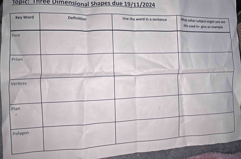 Topic: Thrée Dimensional Shapes due 19/11/2024