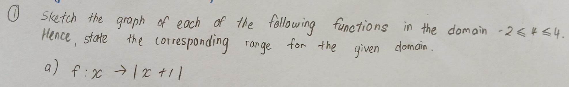 ① Sketch the graph of each of the following functions in the domain -2≤ 4≤ 4. 
Hence, state the corresponding range for the given domain. 
a) f:xto |x+1|