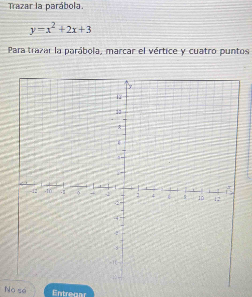 Trazar la parábola.
y=x^2+2x+3
Para trazar la parábola, marcar el vértice y cuatro puntos 
No sé Entregar