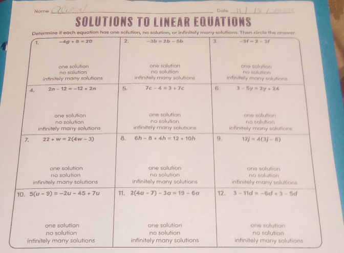 Name _Date
SOLUTIONS TO LINEAR EQUATIONS