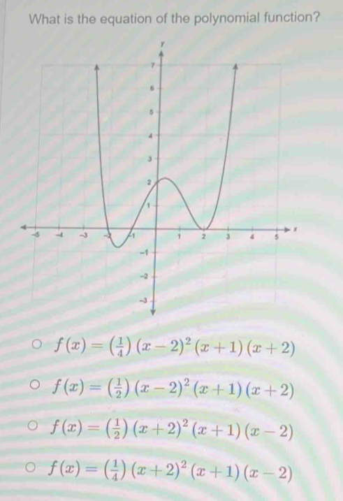 What is the equation of the polynomial function?
f(x)=( 1/4 )(x-2)^2(x+1)(x+2)
f(x)=( 1/2 )(x-2)^2(x+1)(x+2)
f(x)=( 1/2 )(x+2)^2(x+1)(x-2)
f(x)=( 1/4 )(x+2)^2(x+1)(x-2)