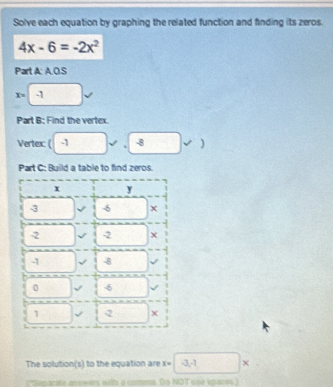 Solve each equation by graphing the related function and finding its zeros.
4x-6=-2x^2
Part A: A.O.S
x= -1
Part B; Find the vertex.
Vertex: ( -1 -8 -2 )
.
Part C: Build a table to find zeros.
The solution(s) to the equation are x=□ -3,-1 ×
('Separate annwers with a comma. Do NOT use spaces.)