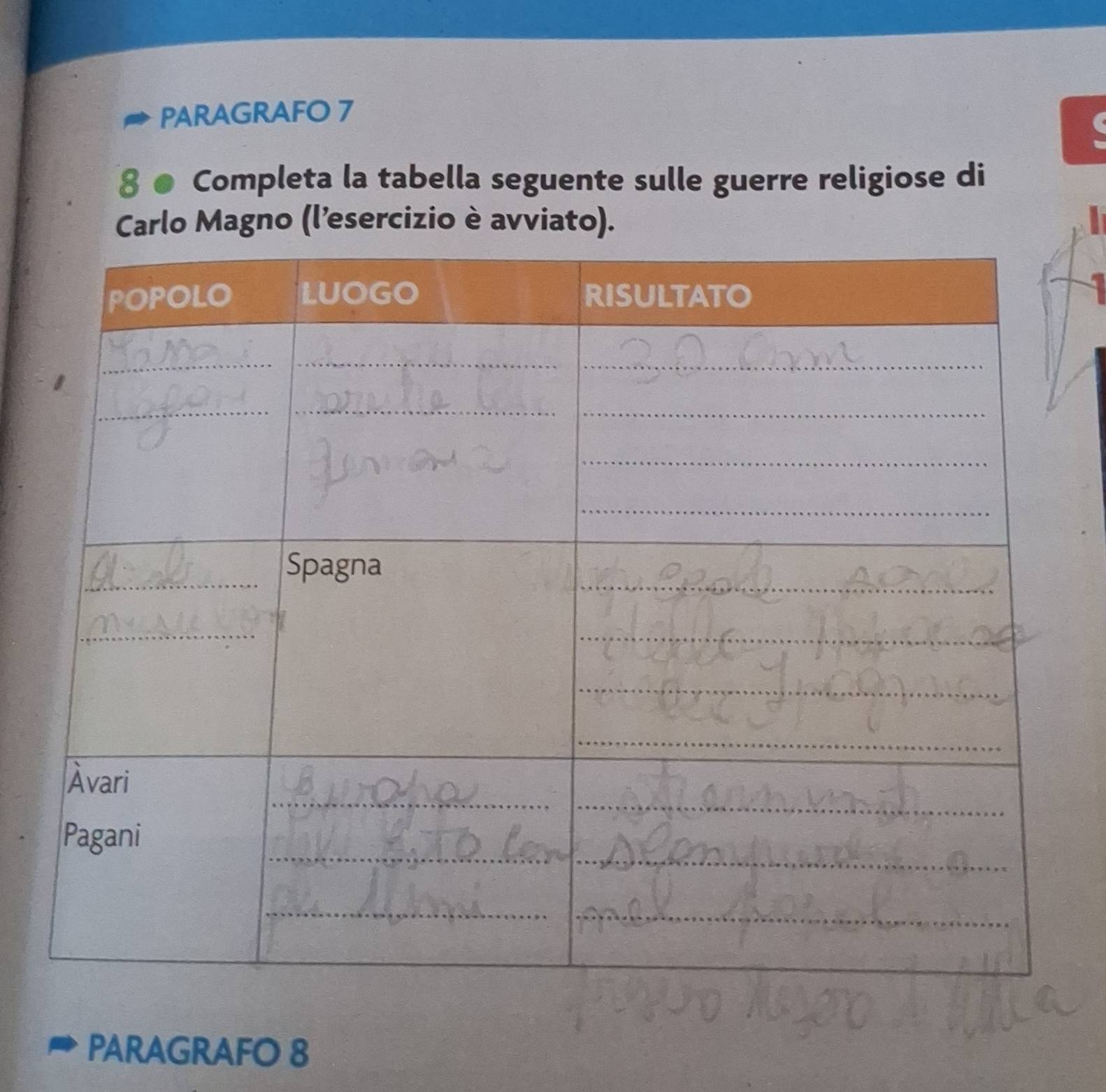 PARAGRAFO 7 
a 
8 Completa la tabella seguente sulle guerre religiose di 
Carlo Magno (l’esercizio è avviato). 
PARAGRAFO 8