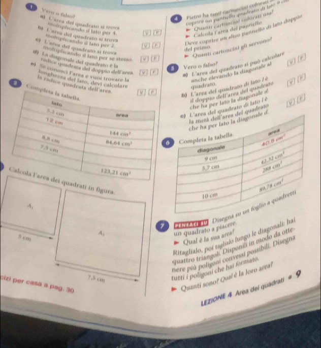 Pietro he randi cartoncinl coloran
coprire un patnello quadrato de fam 9 c
Veru o falso! 8) Carea del quadrato si trova
Quannt cartoncint colorati usal
moltiplicando d lato per 4.
Calcola Farea del pansello
b L area del quadrato sí trova
inoltiphcando il lato per 2.
Deve coprire un altro pannello di lato doppie
e) L'area del quadrato sí trova
Quanti cartoncini gl servono
del primo.
moltiplicando d lato per se stesso
r
rádice quadrata del doppío dell area #) L'area del quadrato si puó calcolare
d) La diagonale del quadrato è la v F
Vero o falso?
e) Se conosci Farea e vuoi trovare la anche elevando la diagonale al
lsnghezza del fato, devi calcolare
la radice quadrata del
quadrato.
Com
b) L'area del quadrato di lato / è   
il doppío dell área del quadrato
che ha per lato la diagonale s
uadrato o
uadrato di lato / è r
7       Disegn
un quadrato a placere
A,
Qual è la sua area!
Ritaglialo, poi taglialó lungo le diagonali: ha
quattro triangoli. Disponili in modo da otte
nere più poligoni convessi possibili. Disegni
?,5 cm
tutti i poligoni che hai formato 
pizi per casa a pag. 30
Quanti sono? Qua! è la loro areal
LEZIONE 4 Area dei quadrati 9