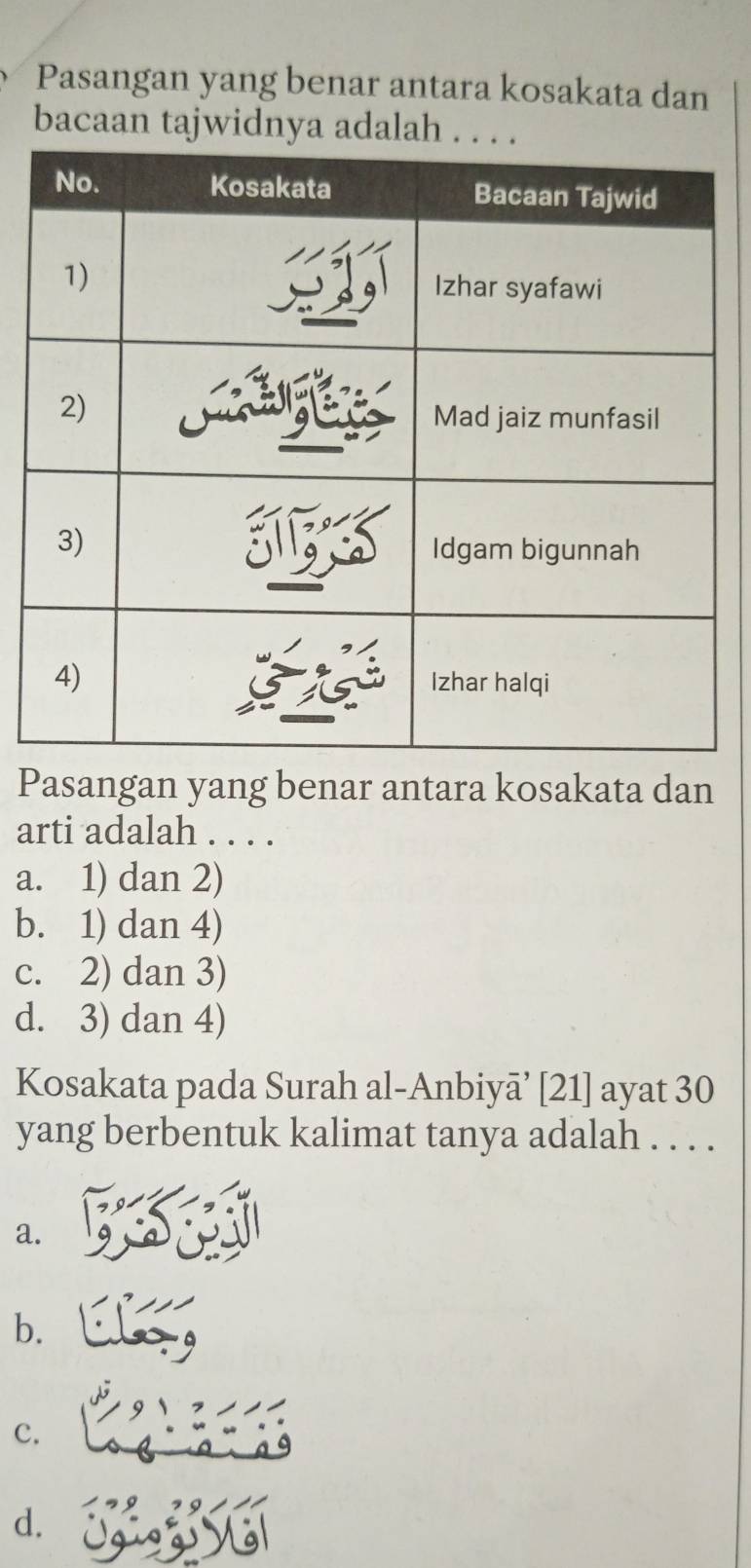 Pasangan yang benar antara kosakata dan
bacaan tajwidnya adalah . .
Pasangan yang benar antara kosakata dan
arti adalah . . . .
a. 1) dan 2)
b. 1) dan 4)
c. 2) dan 3)
d. 3) dan 4)
Kosakata pada Surah al-Anbiyā’ [21] ayat 30
yang berbentuk kalimat tanya adalah . . . .
a.
b.
c.
d.