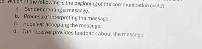 Which of the following is the beginning of the communication cycle?
a. Sender creating a message.
b. Process of interpreting the message.
c. Receiver accepting the message.
d. The receiver provides feedback about the message.