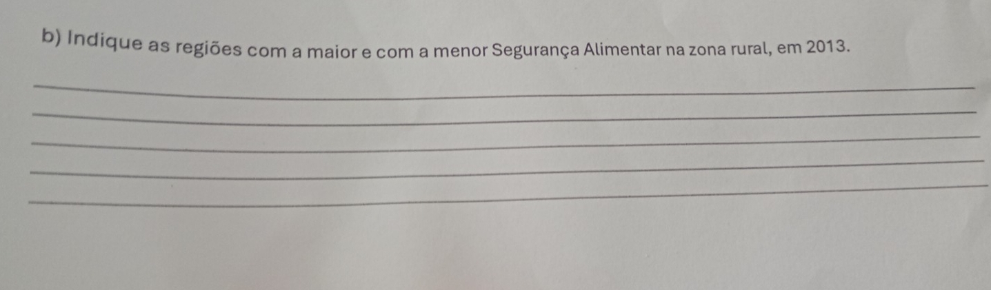 Indíque as regiões com a maior e com a menor Segurança Alimentar na zona rural, em 2013. 
_ 
_ 
_ 
_ 
_