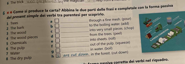 The trick_ 
the magician_ 
6 * * Come si produce la carta? Abbina le due parti delle frasi e completale con la forma passiva 
del present simple dei verbi tra parentesi per scoprirlo. 
1 Trees _through a fine mesh. (pour) 
a 
2 The bark _to the boiling water. (add) 
b 
3 The wood C _into very small pieces. (chop) 
4 The wood pieces d _from the trees. (peel) 
5 Chemicals e _into sheets. (roll) 
6 The pulp _out of the pulp. (squeeze) 
f 
7 Water g _in water. (boil) 
8 The dry pulp h 1 _in the forest. (cut down) 
rma nassiva corretta dei verbi nel riquadro.