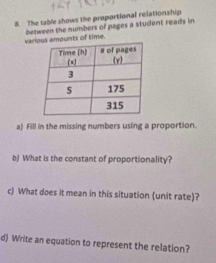 The table shows the proportional relationship 
between the numbers of pages a student reads in 
varimounts of time. 
a) Fill in the missing numbers using a proportion. 
b) What is the constant of proportionality? 
c) What does it mean in this situation (unit rate)? 
d) Write an equation to represent the relation?