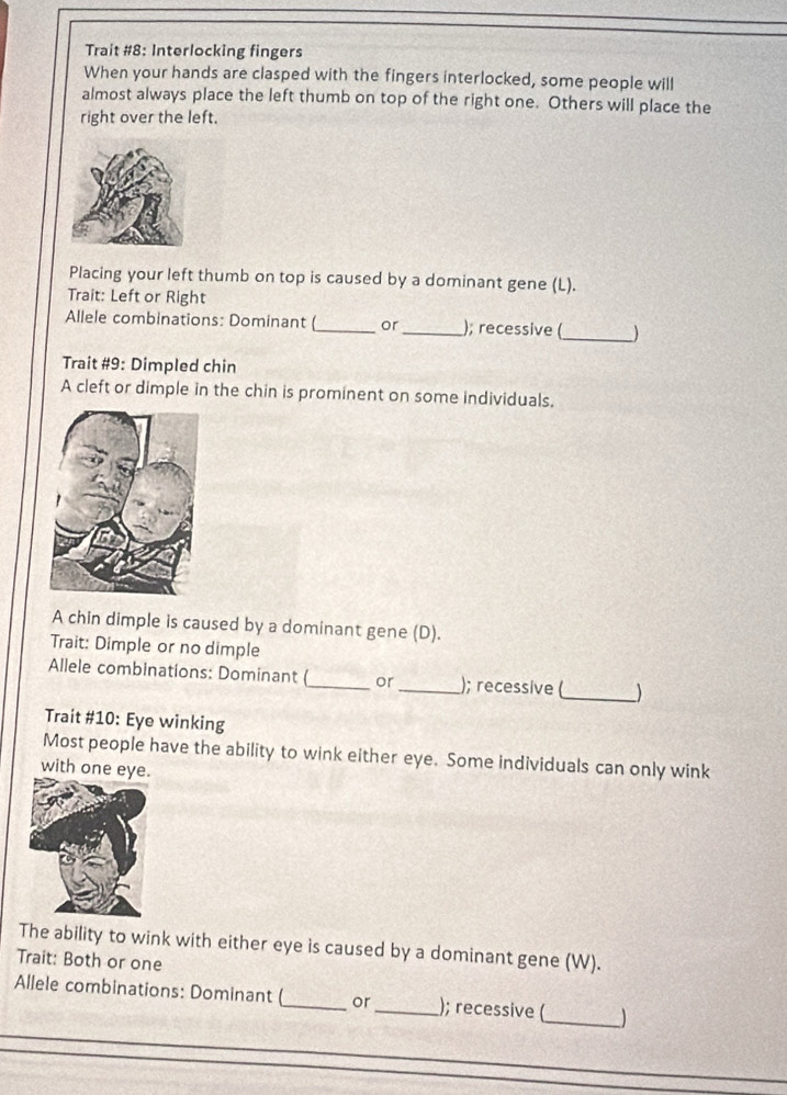 Trait #8: Interlocking fingers 
When your hands are clasped with the fingers interlocked, some people will 
almost always place the left thumb on top of the right one. Others will place the 
right over the left. 
Placing your left thumb on top is caused by a dominant gene (L). 
Trait: Left or Right 
Allele combinations: Dominant (_ or_ ); recessive (_ ) 
Trait #9: Dimpled chin 
A cleft or dimple in the chin is prominent on some individuals. 
A chin dimple is caused by a dominant gene (D). 
Trait: Dimple or no dimple 
_ 
Allele combinations: Dominant _or_ ); recessive ( 
Trait #10: Eye winking 
Most people have the ability to wink either eye. Some individuals can only wink 
with one eye. 
The ability to wink with either eye is caused by a dominant gene (W). 
Trait: Both or one 
Allele combinations: Dominant (_ or _); recessive (_ _)