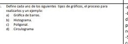 Define cada uno de los siguientes tipos de gráficos, el proceso para -
a) Gráfica de barras. realizaros y un ejemplo: -
b| Histograma. c) Poligonal d
p
d Circulograma
-