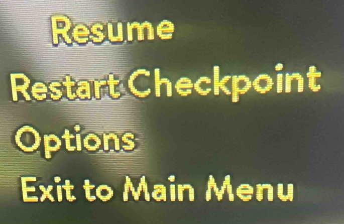 Resume 
Restart Checkpoint 
Options 
Exit to Main Menu