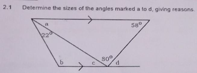 2.1 Determine the sizes of the angles marked a to d, giving reasons.