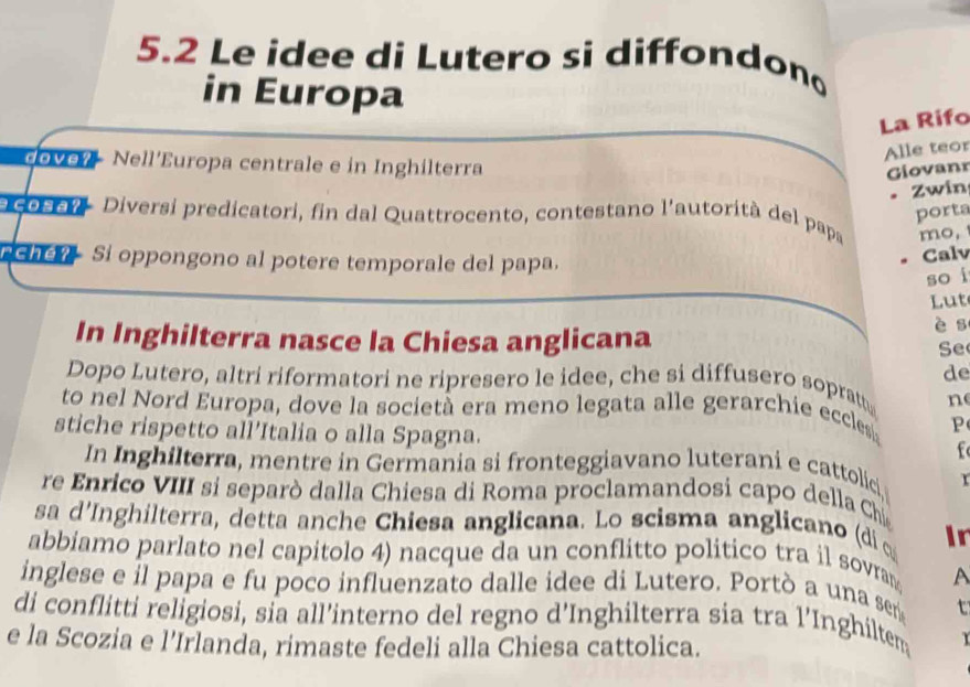 5.2 Le idee di Lutero si diffondon 
in Europa 
La Rifo 
Alle teor 
dove? Nell'Europa centrale e in Inghilterra 
Giovanr 
、 Zwin 
porta 
Dçosa? - Diversi predicatori, fin dal Quattrocento, contestano l'autorità del papa mo, 
rche?- Si oppongono al potere temporale del papa. 
Calv 
so i 
Lut 
è s 
In Inghilterra nasce la Chiesa anglicana Se 
de 
Dopo Lutero, altri riformatori ne ripresero le idee, che si diffusero sopratt n 
to nel Nord Europa, dove la società era meno legata alle gerarchie eccles P 
stiche rispetto all'Italia o alla Spagna. 
f 
In Inghilterra, mentre in Germania si fronteggiavano luterani e cattolic 1 
re Enrico VIII si separò dalla Chiesa di Roma proclamandosi capo della Chi 
sa d’Inghilterra, detta anche Chiesa anglicana. Lo scisma anglicano (di ∞ In 
abbiamo parlato nel capitolo 4) nacque da un conflitto politico tra il sovran A 
inglese e il papa e fu poco influenzato dalle idee di Lutero. Portò a una ser t 
di conflitti religiosi, sia all’interno del regno d’Inghilterra sia tra l’Inghiltem 
e la Scozia e l’Irlanda, rimaste fedeli alla Chiesa cattolica.