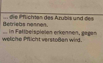 ... die Pflichten des Azubis und des 
Betriebs nennen. 
... in Fallbeispielen erkennen, gegen 
welche Pflicht verstoßen wird.