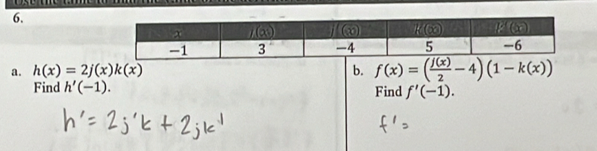 h(x)=2j(x)k(x) b. f(x)=( f(x)/2 -4)(1-k(x))
Find h'(-1). Find f'(-1).