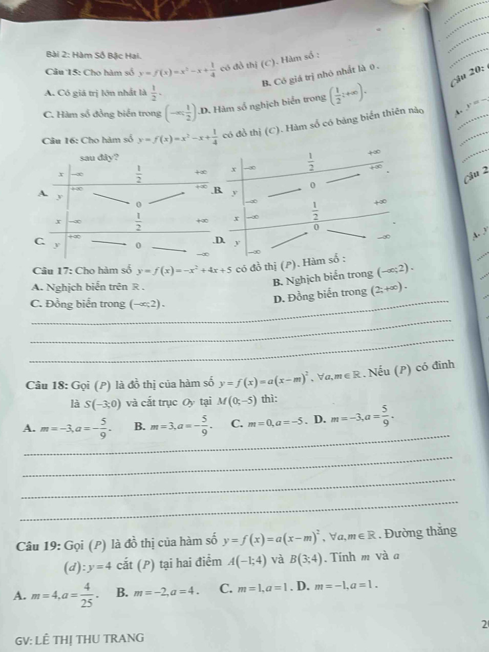 Hàm Số Bậc Hai.
Câu 15: Cho hàm số y=f(x)=x^2-x+ 1/4  có đồ thị (C). Hàm số :
_
â u
B. Có giá trị nhỏ nhất là 0 .
A. Có giá trị lớn nhất là  1/2 .
C. Hàm số đồng biến trong (-∈fty , 1/2 ).D 0. Hàm số nghịch biển trong ( 1/2 ;+∈fty ).
_
_
có đồ thị (C). Hàm số có bảng biển thiên nào
y=
A.
Câu 2
A. 
Câu 17: Cho hàm số y=f(x)=-x^2+4x+5 có đồ thị (P
A. Nghịch biến trên R .
B. Nghịch biến trong (-∈fty ;2).
C. Đồng biến trong (-∈fty ;2).
D. Đồng biến trong (2;+∈fty ).
_
_
Câu 18: Gọi (P) là đồ thị của hàm số y=f(x)=a(x-m)^2 , Va, m∈ R. Nếu (P) có đinh
là S(-3;0) và cắt trục Oy tại M(0;-5) thì:
A. m=-3,a=- 5/9 . B. m=3,a=- 5/9 . C. m=0,a=-5. D. m=-3,a= 5/9 .
_
_
_
_
_
Câu 19: Gọi (P) là đồ thị của hàm số y=f(x)=a(x-m)^2 , ∀a, m∈ R. Đường thắng
(d):y=4 cắt (P) tại hai điểm A(-1;4) và B(3;4). Tính m và a
A. m=4,a= 4/25 . B. m=-2,a=4. C. m=1,a=1. D. m=-1,a=1.
2
GV: LÊ THỊ THU TRANG