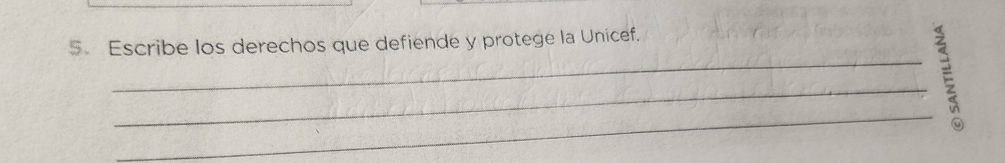 Escribe los derechos que defiende y protege la Unicef. 
_ 
_ 
_