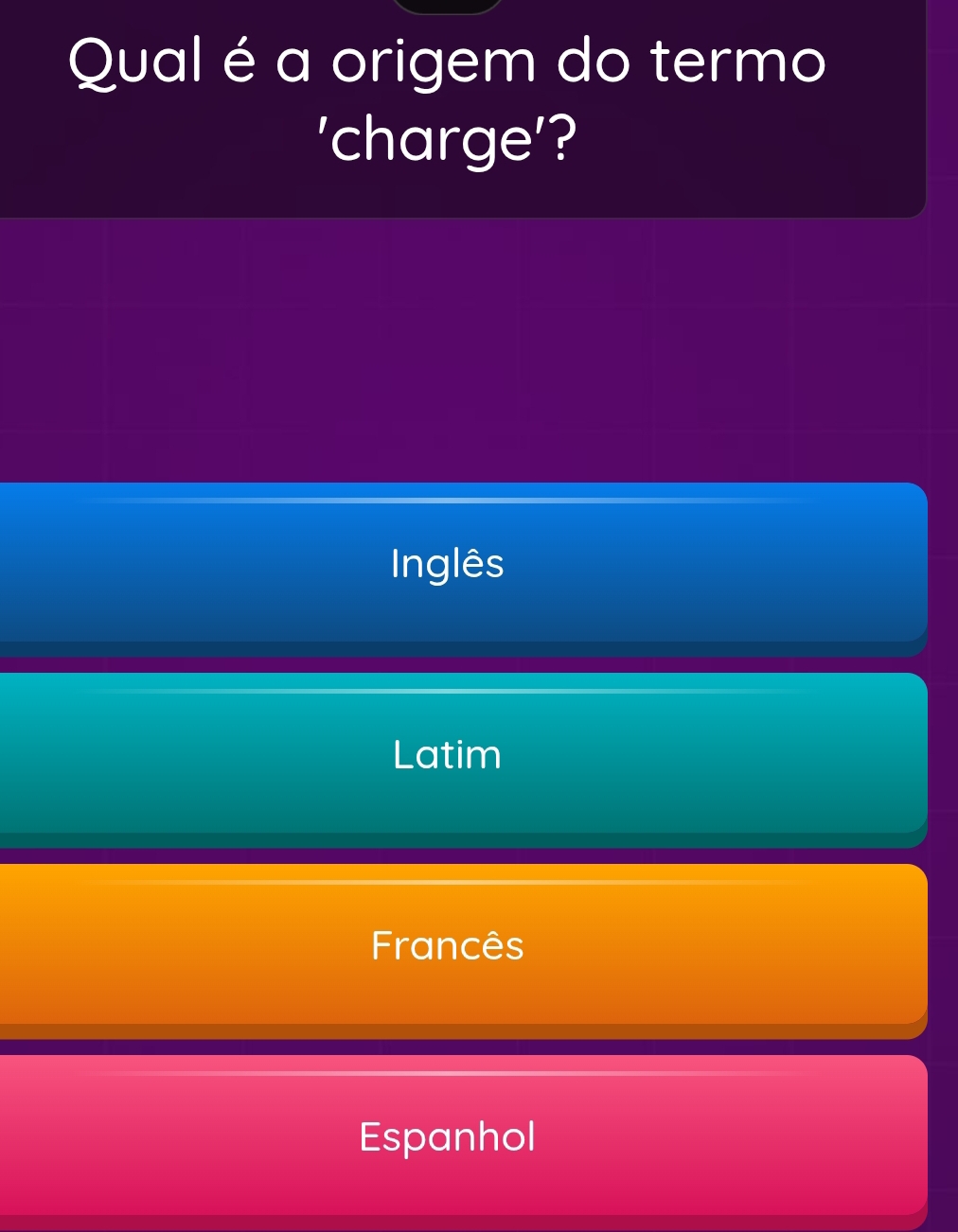 Qual é a origem do termo
'charge'?
Inglês
Latim
Francês
Espanhol