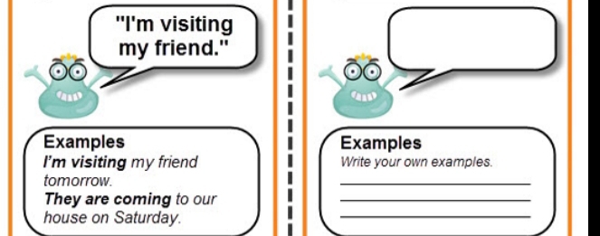 "I'm visiting 
my friend." 


Examples Examples 
I'm visiting my friend Write your own examples. 
tomorrow. 
_ 
_ 
They are coming to our_ 
house on Saturday.