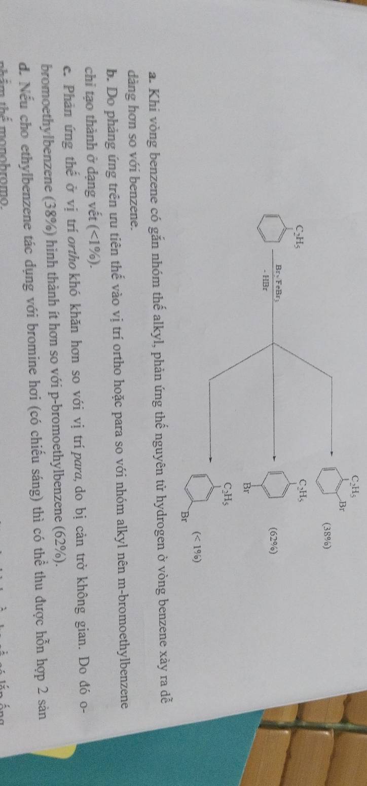 a. Khi vòng benzene có gắn nhóm thế alkyl, phg benzene xày ra dễ
dàng hơn so với benzene.
b. Do phảng ứng trên ưu tiên thế vào vị trí ortho hoặc para so với nhóm alkyl nên m-bromoethylbenzene
chi tạo thành ở dạng vết (<1%).
c. Phản ứng thế ở vị trí ortho khó khăn hơn so với vị trí para, do bị cản trở không gian. Do đó o-
bromoethylbenzene (38%) hình thành ít hơn so với p-bromoethylbenzene (62%).
d. Nếu cho ethylbenzene tác dụng với bromine hơi (có chiếu sáng) thì có thể thu được hỗn hợp 2 sản
nhám thể monobromo.