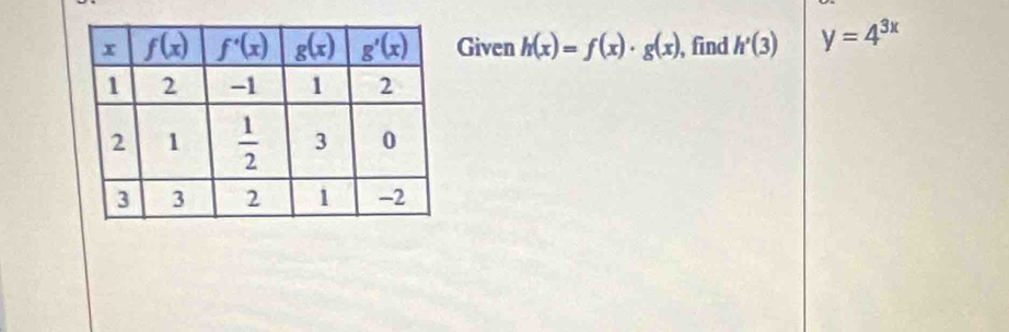 Given h(x)=f(x)· g(x) , find h'(3) y=4^(3x)