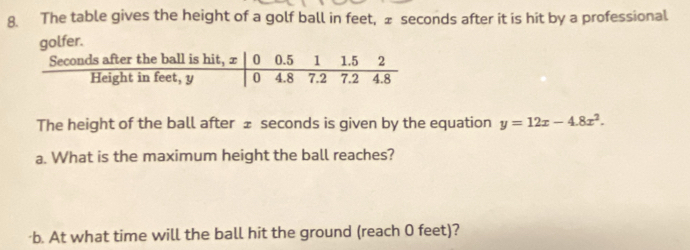 The table gives the height of a golf ball in feet, £ seconds after it is hit by a professional 
golfer. 
The height of the ball after ± seconds is given by the equation y=12x-4.8x^2. 
a. What is the maximum height the ball reaches? 
·b. At what time will the ball hit the ground (reach 0 feet)?